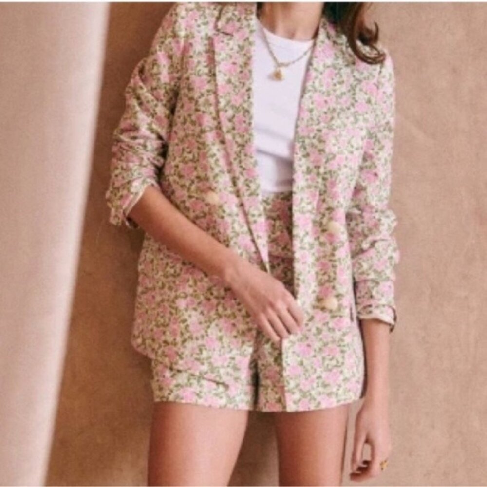Sezane Pink Green Floral Double Breasted Christie Blazer, Size 6 | 38
